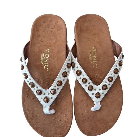 Vionic Orthaheel Floriana Thong Sandals Size 9 WIDE White Leather Embellished - Picture 5 of 16